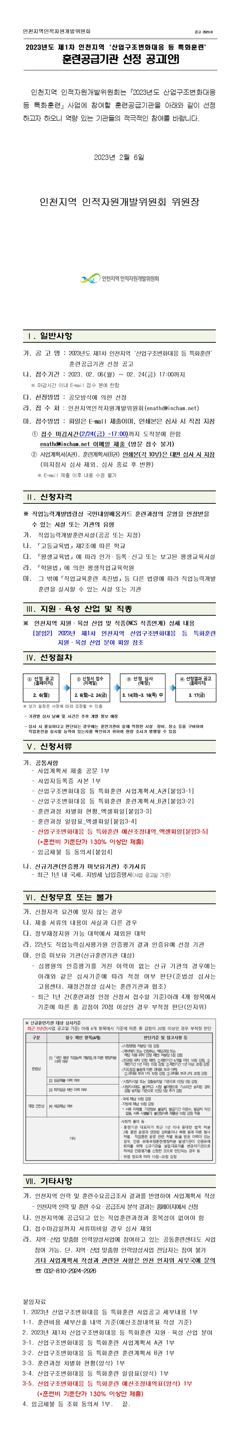 2023년도 제1차 인천지역 「산업구조변화대응 등 특화훈련」 훈련공급기관 선정 공고의 1번째 이미지