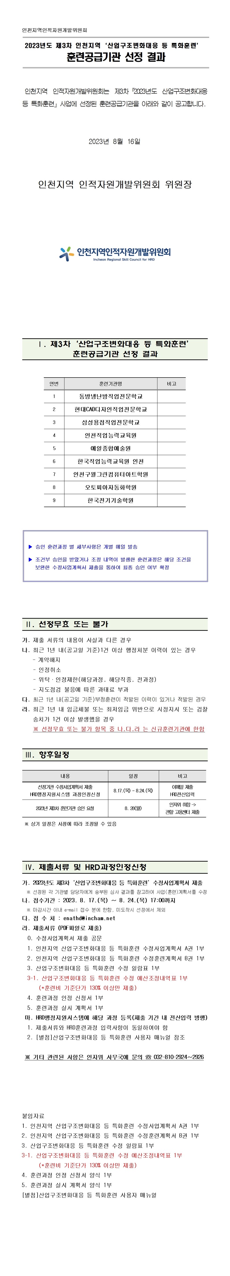 2023년도 제3차 인천지역「산업구조변화대응 등 특화훈련」훈련공급기관 선정 결과의 1번째 이미지