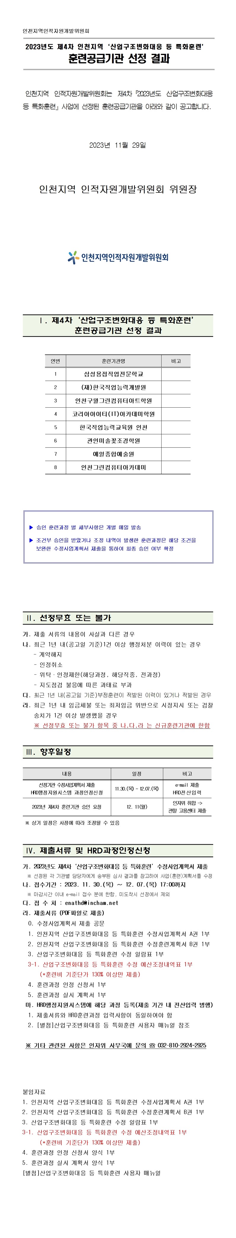 2023년도 제4차 인천지역 「산업구조변화대응 등 특화훈련」 훈련공급기관 선정 결과의 1번째 이미지