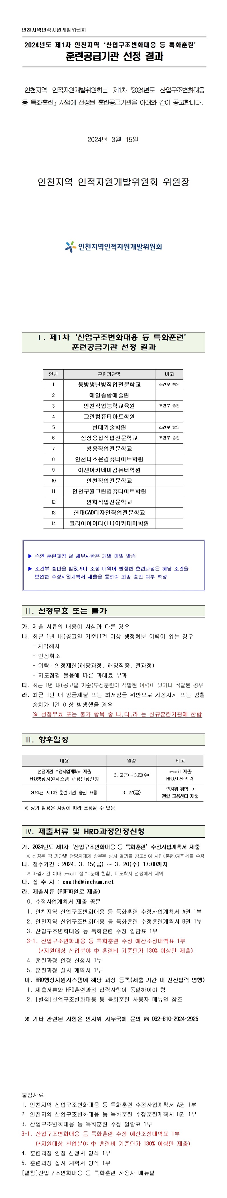 2024년 제1차 인천지역 「산업구조변화대응 등 특화훈련」  훈련공급기관 선정 결과의 1번째 이미지
