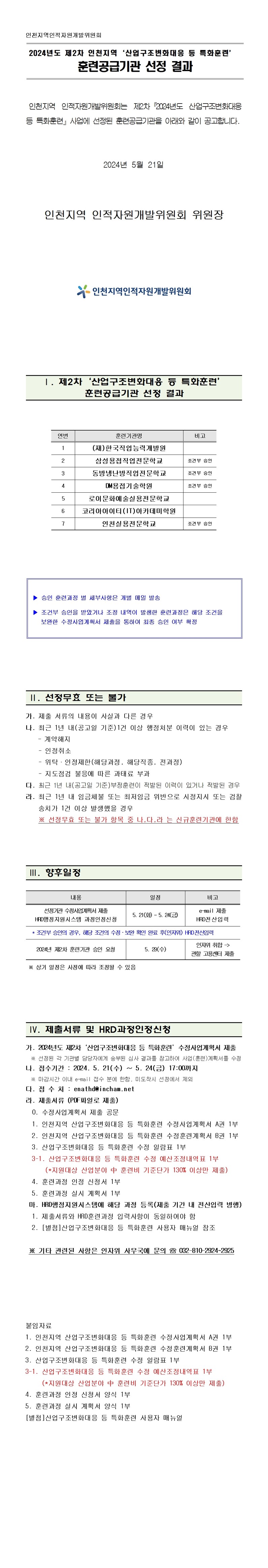 2024년 제2차 인천지역  「산업구조변화대응 등 특화훈련」   훈련공급기관 선정 결과의 1번째 이미지