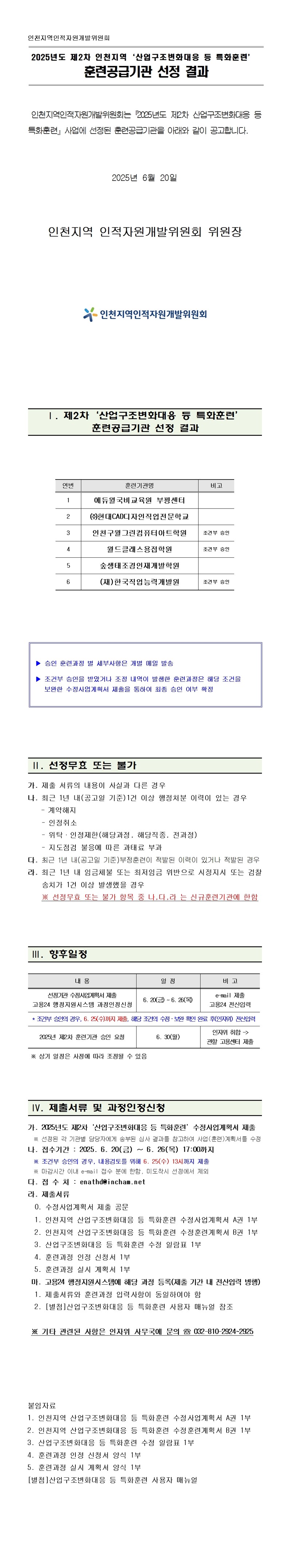 2025년 제2차 인천지역 「산업구조변화대응 등 특화훈련」 훈련공급기관 선정 결과의 1번째 이미지